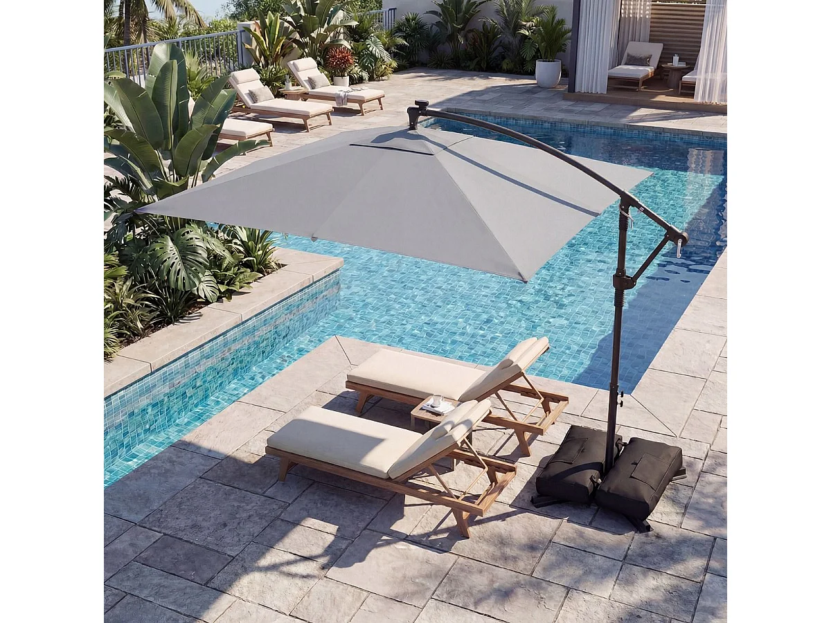 Rechteckiger Sonnenschirm mit Ständer & LED-Leuchten & Kurbel 360° Drehbar Ampelschirm Grau