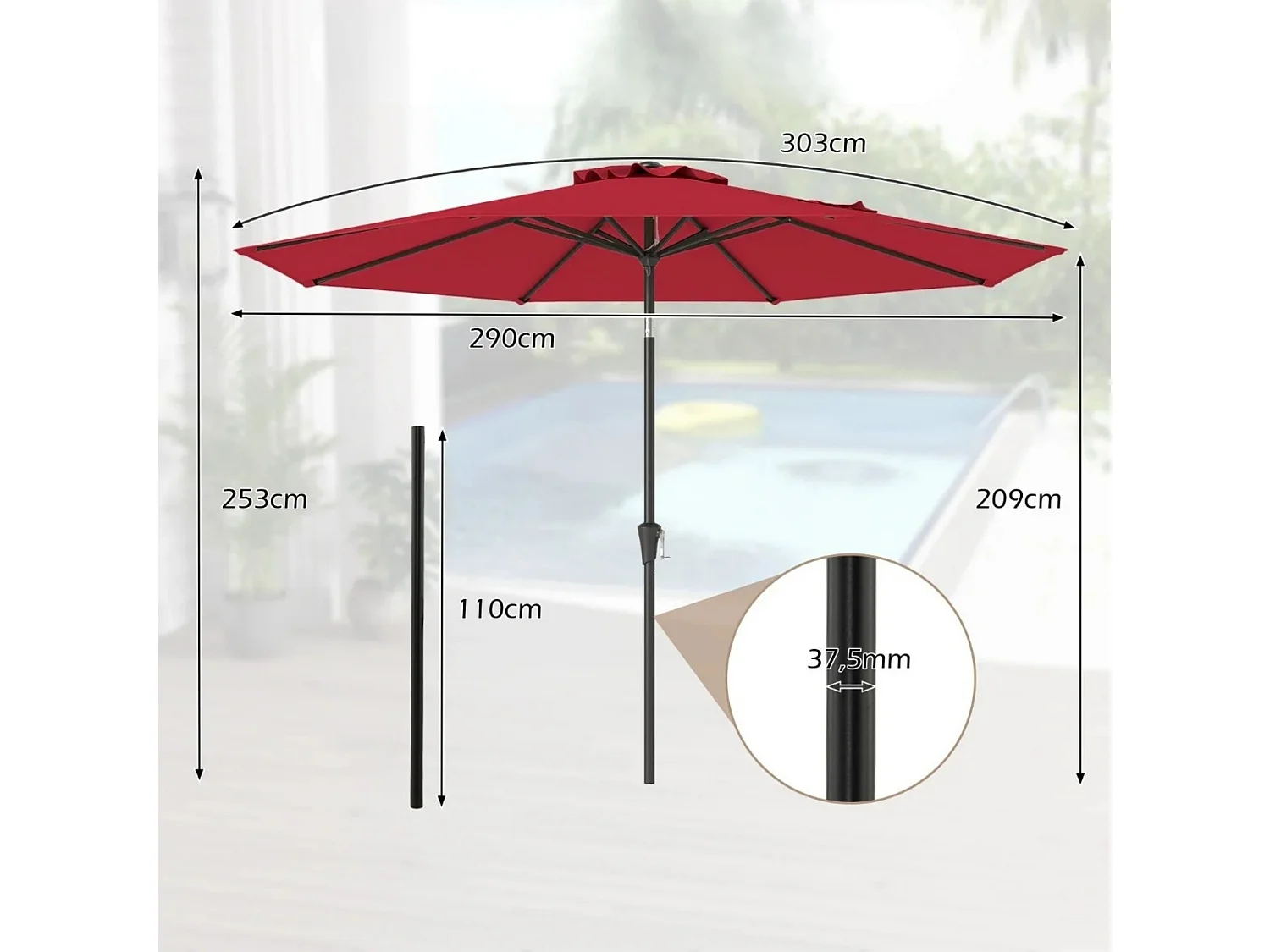 Ø303 cm Terrassenschirm mit Kurbel Beidseitig um 25° Knickbarer Gartenschirm Terrassenschirm Rot