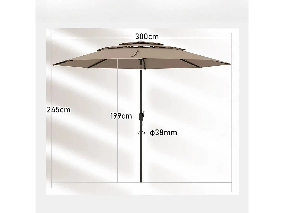 Ombrellone da patio a 3 livelli con ventilazione, Grande ombrellone da tavolo con meccanismo Marrone