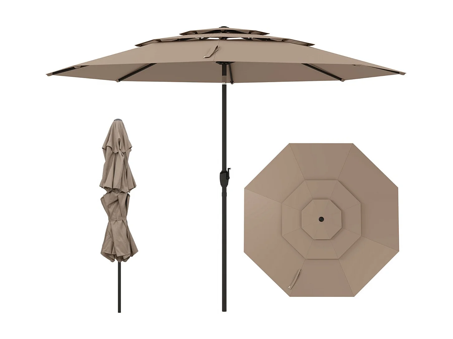 Ombrellone da patio a 3 livelli con ventilazione, Grande ombrellone da tavolo con meccanismo Marrone