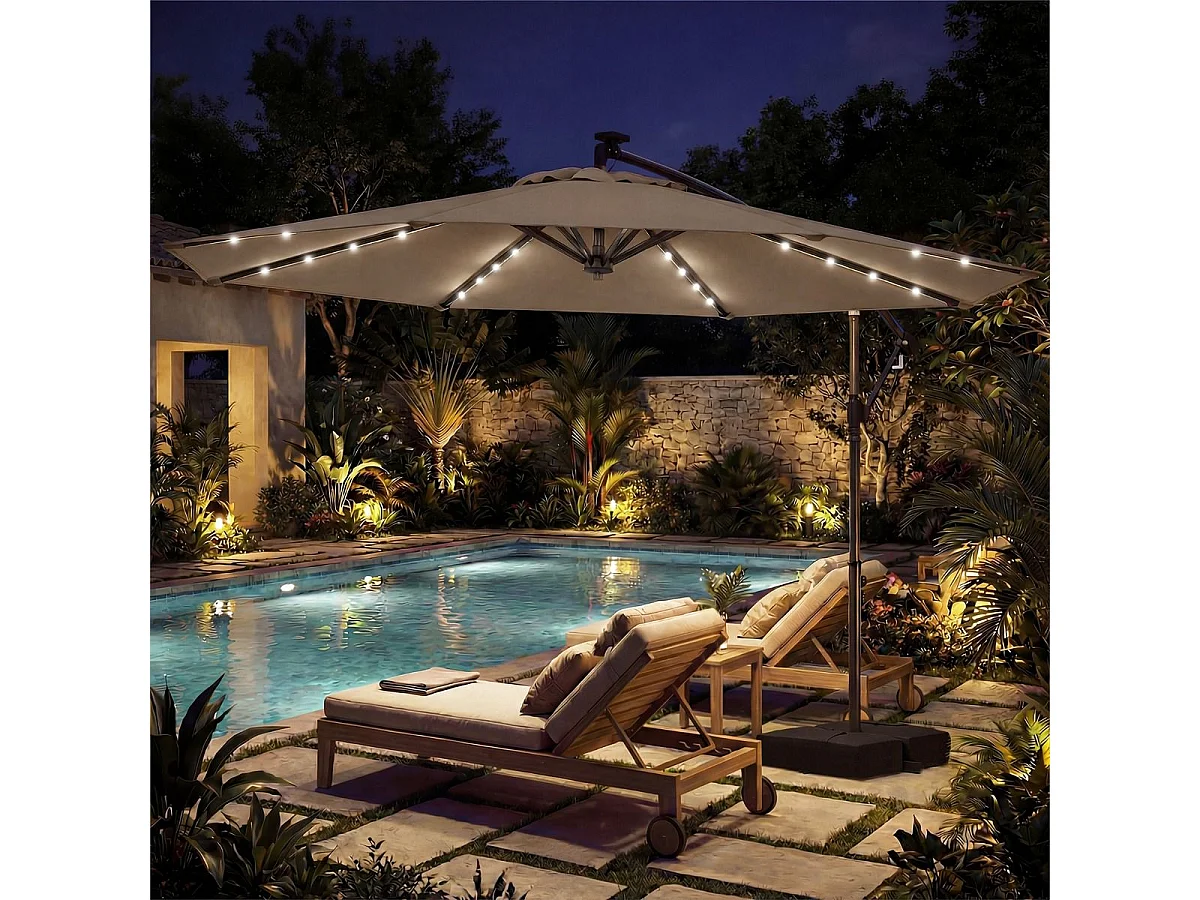 Ombrellone con supporto e luci LED e manovella ruotabile a 360° Ombrellone a semaforo Ombrellone da mercato Marrone