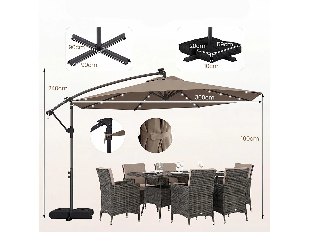 Ombrellone con supporto e luci LED e manovella ruotabile a 360° Ombrellone a semaforo Ombrellone da mercato Marrone