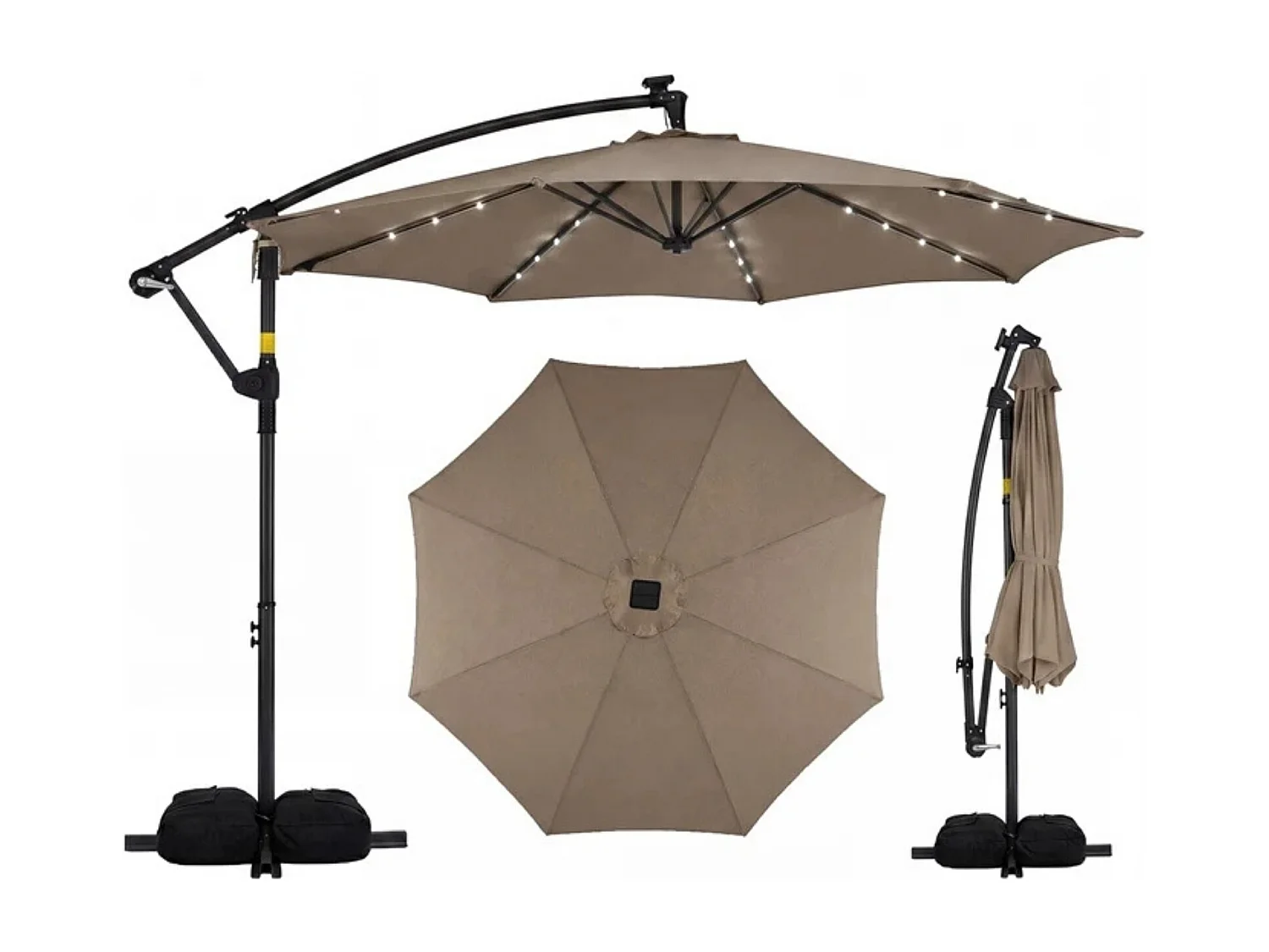 Ombrellone con supporto e luci LED e manovella ruotabile a 360° Ombrellone a semaforo Ombrellone da mercato Marrone