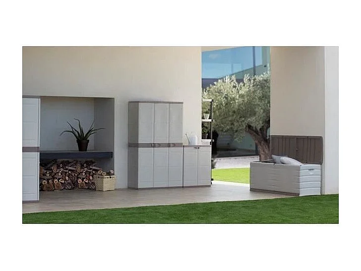 PLASTIKEN Abschließbare Outdoor-Aufbewahrungsbox 190 L mit Rädern, Beige Harz-Aufbewahrungstruhe