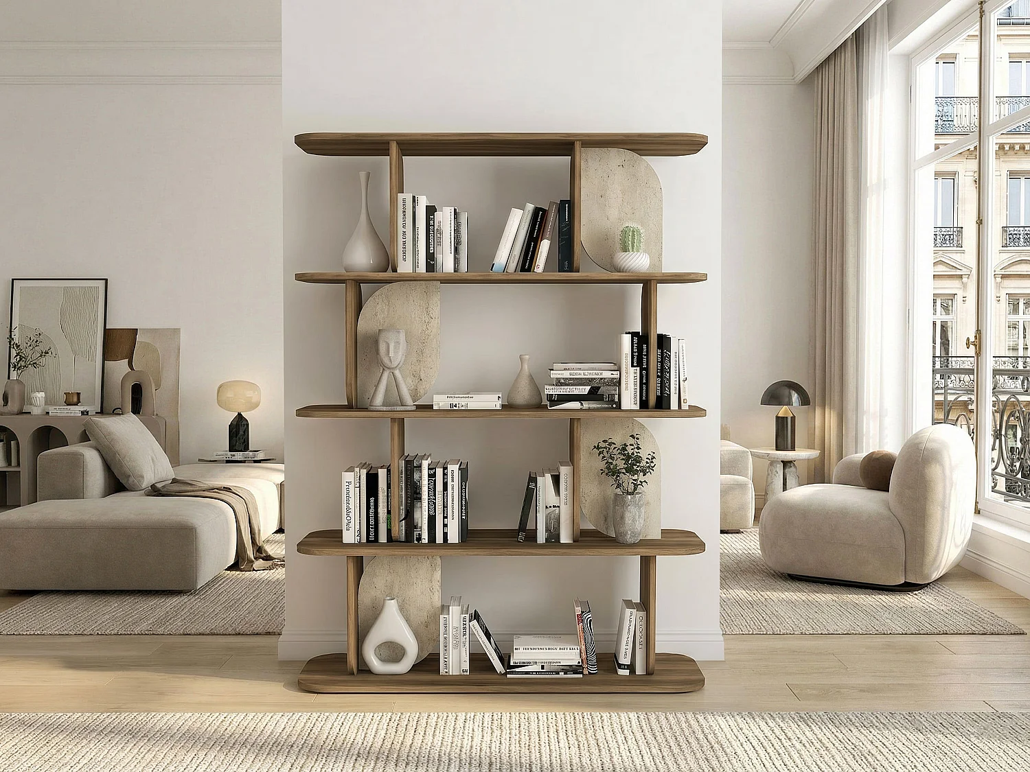 Etagère avec 4 tablettes - Naturel foncé et effet travertin beige - NELERIA