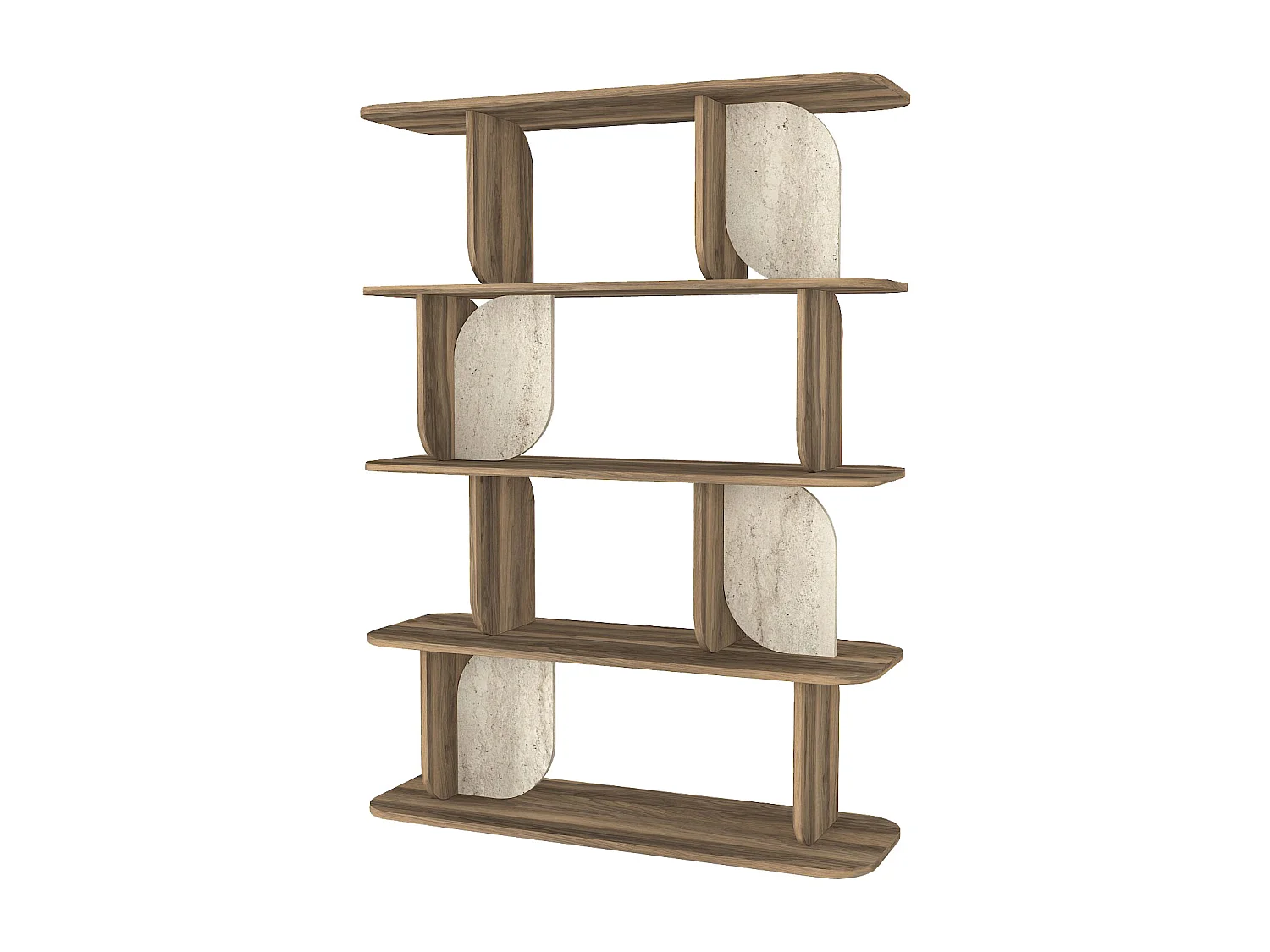 Etagère avec 4 tablettes - Naturel foncé et effet travertin beige - NELERIA