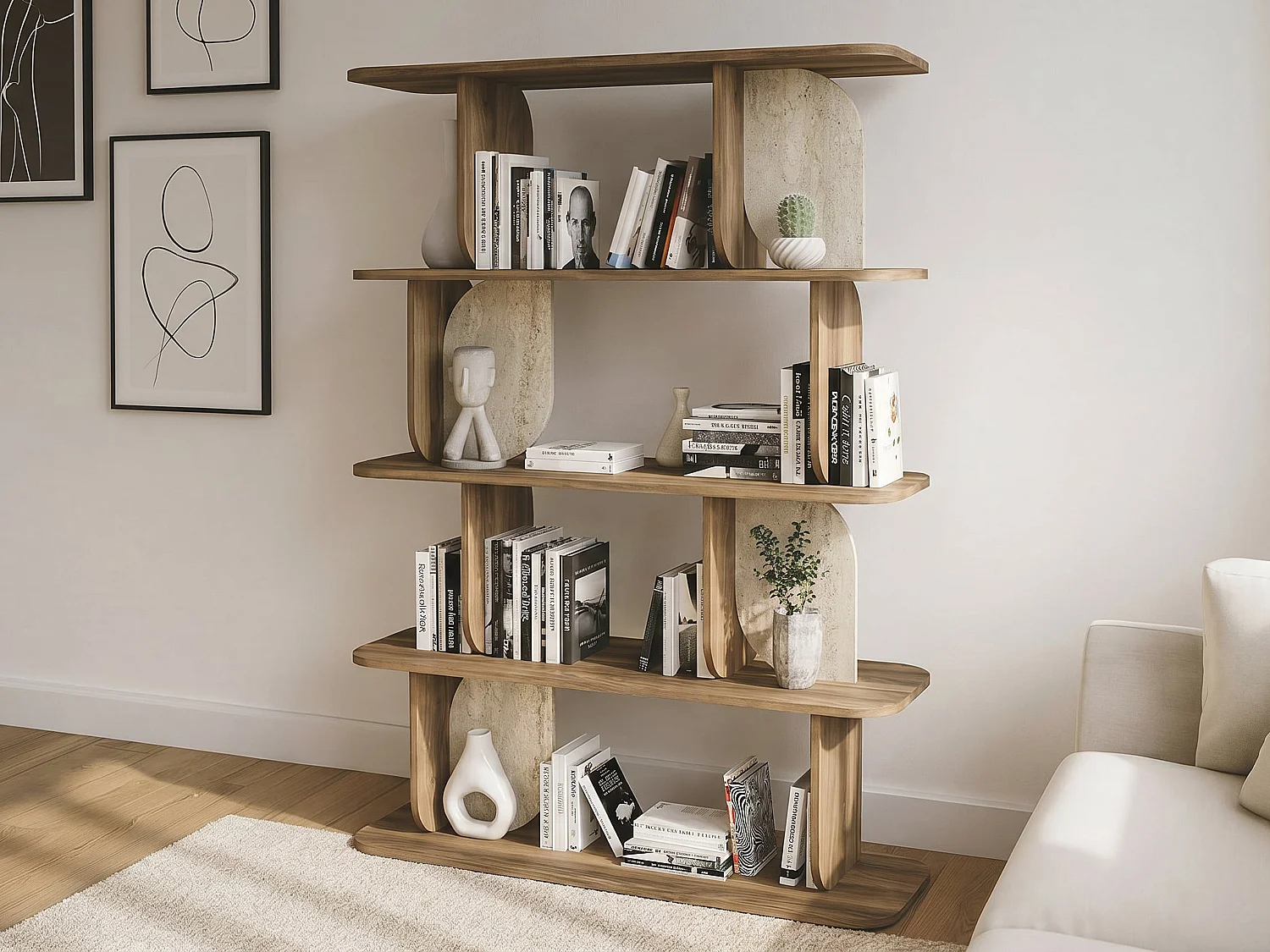 Etagère avec 4 tablettes - Naturel foncé et effet travertin beige - NELERIA
