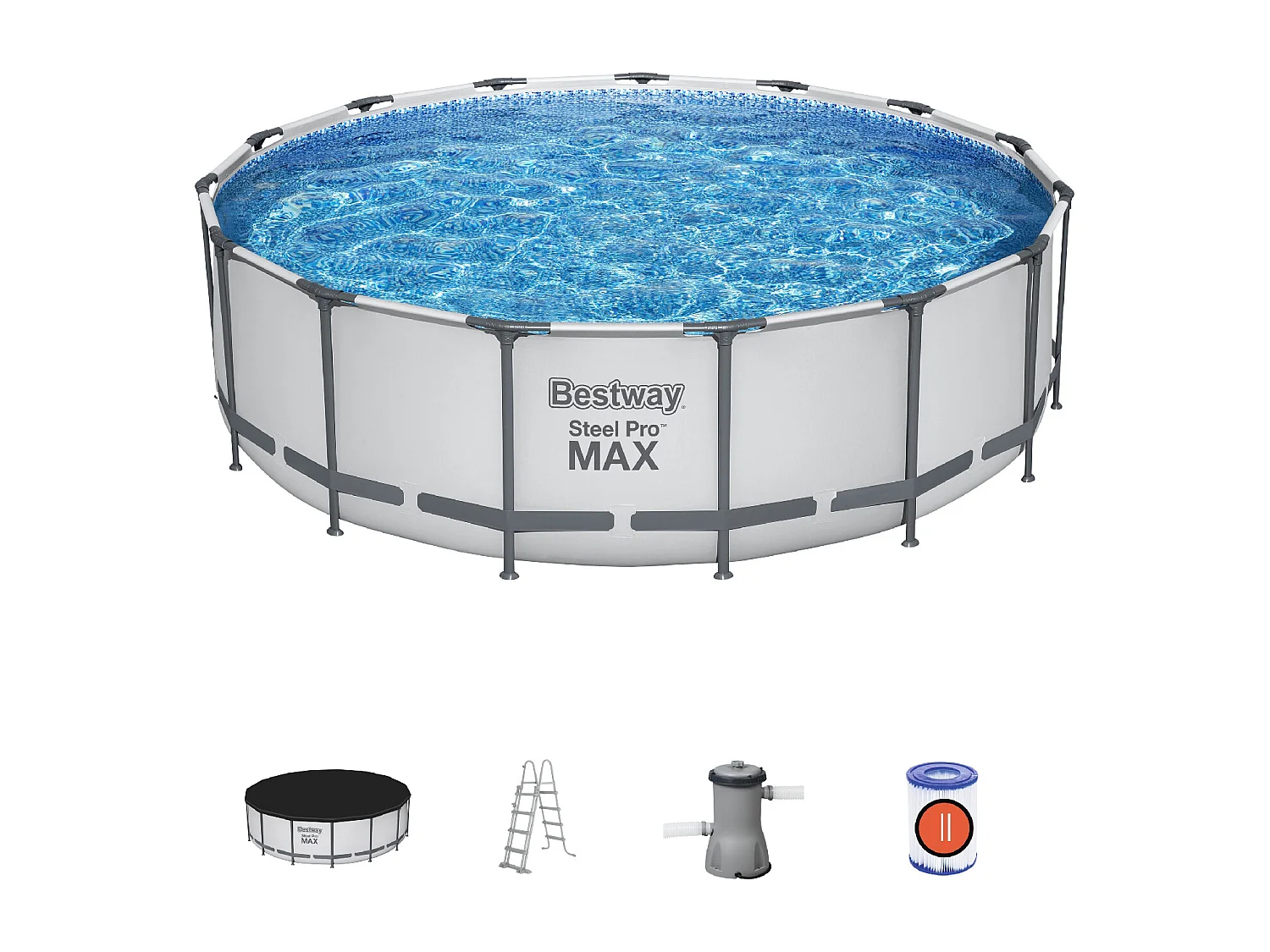 Piscine Tubulaire Ronde Bestway Steel Pro Max 457x122 cm avec Filtre à Cartouche de 3.028 l/h Couverture et Échelle Bleu