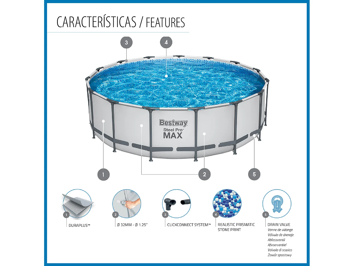 Piscine Tubulaire Ronde Bestway Steel Pro Max 457x122 cm avec Filtre à Cartouche de 3.028 l/h Couverture et Échelle Bleu