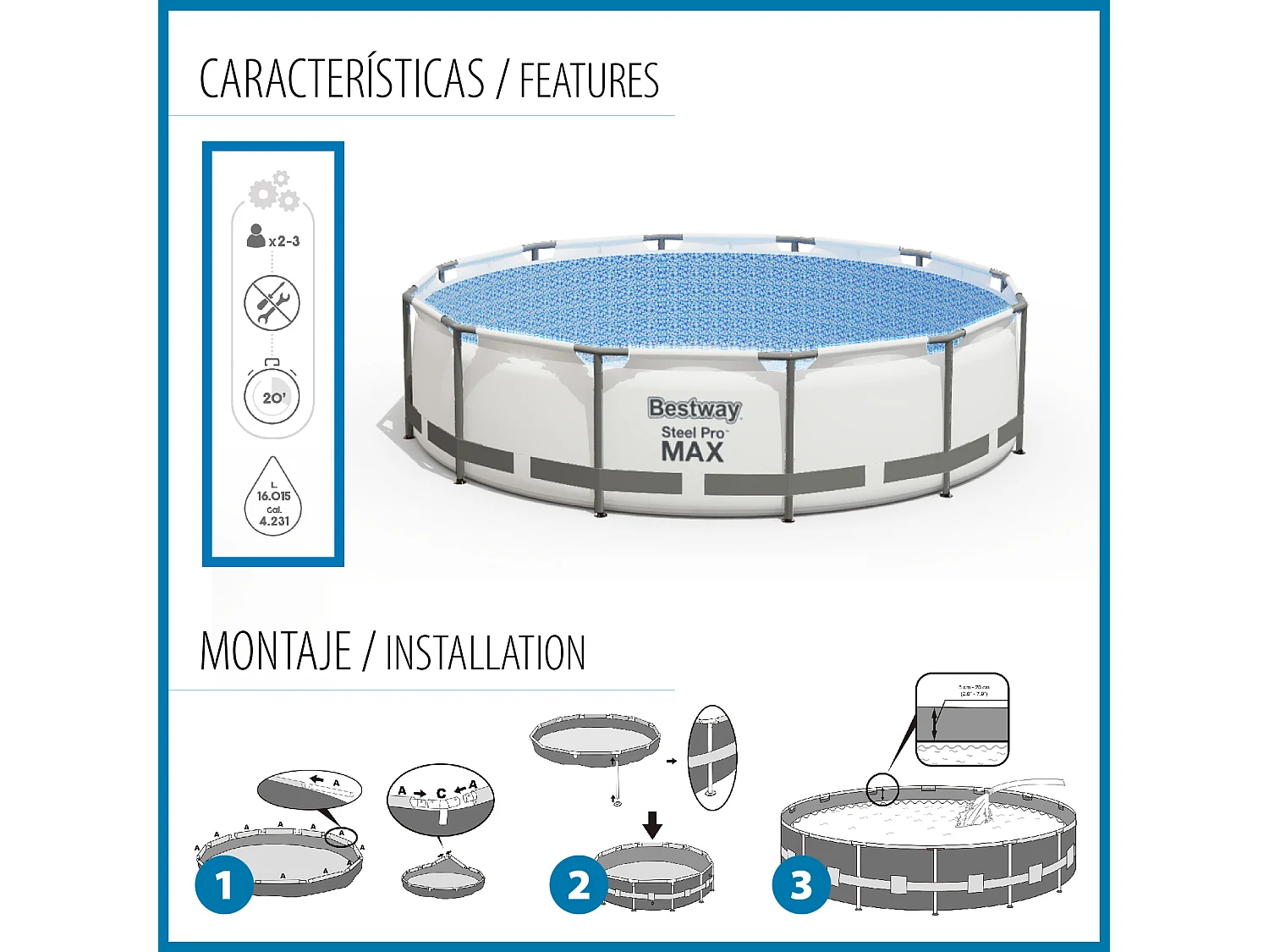 Piscine Tubulaire Ronde Bestway Steel Pro Max 457x122 cm avec Filtre à Cartouche de 3.028 l/h Couverture et Échelle Bleu