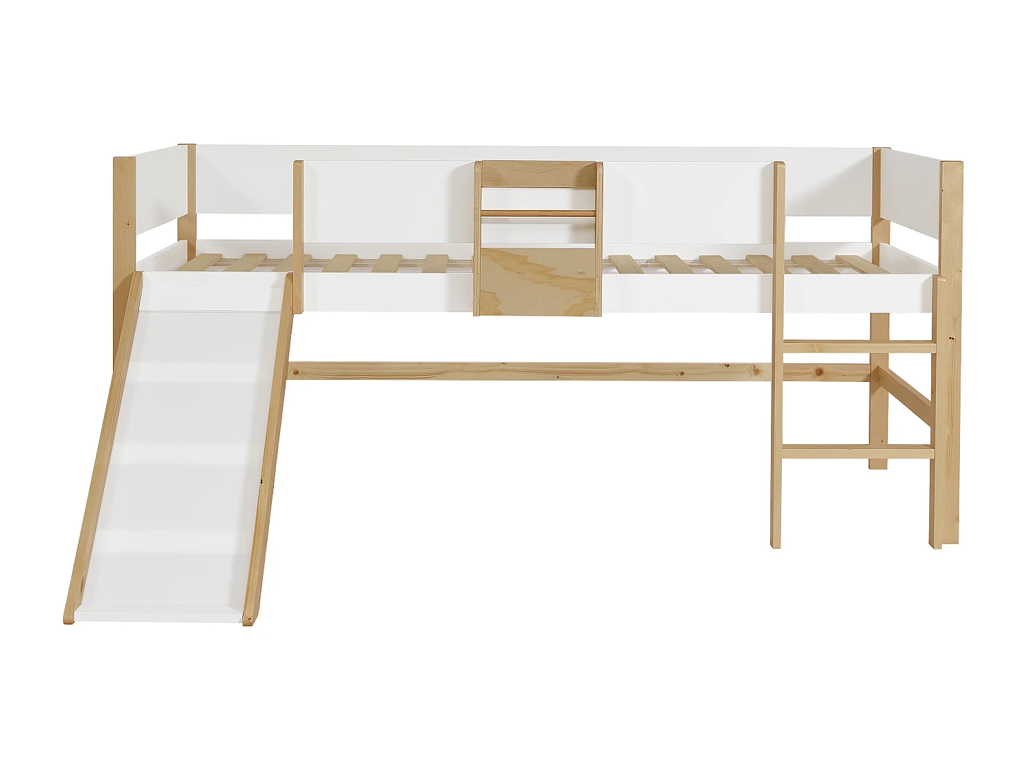 Lit mi-hauteur 90 x 190 cm – Avec toboggan – Pin et MDF – Blanc et naturel – VELASO