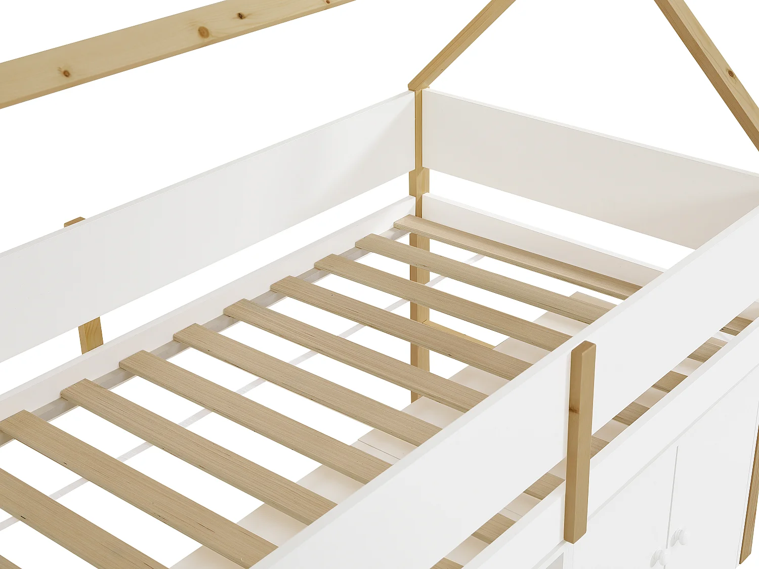 Lit mi-hauteur cabane 90 x 190 cm – Avec rangements – Pin et MDF – Blanc et naturel – NAVADY