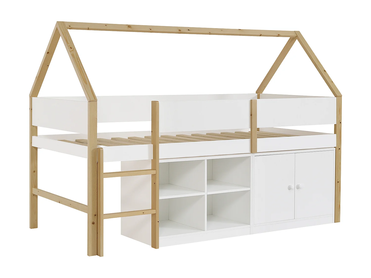 Lit mi-hauteur cabane 90 x 190 cm – Avec rangements – Pin et MDF – Blanc et naturel – NAVADY