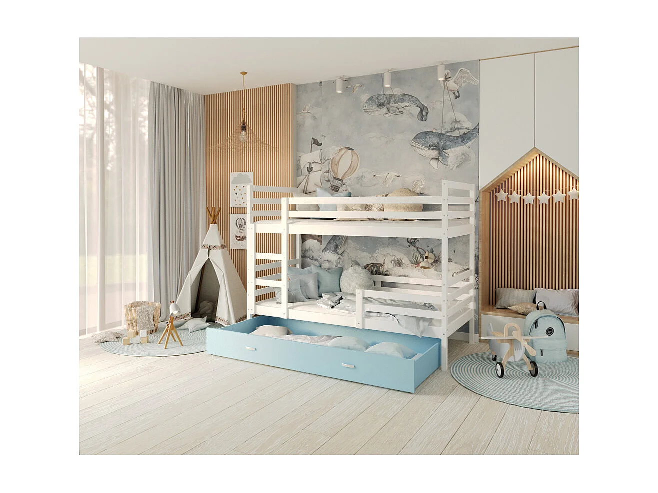 Lit Superpose Milan 80x160 tiroir Blanc - bleu