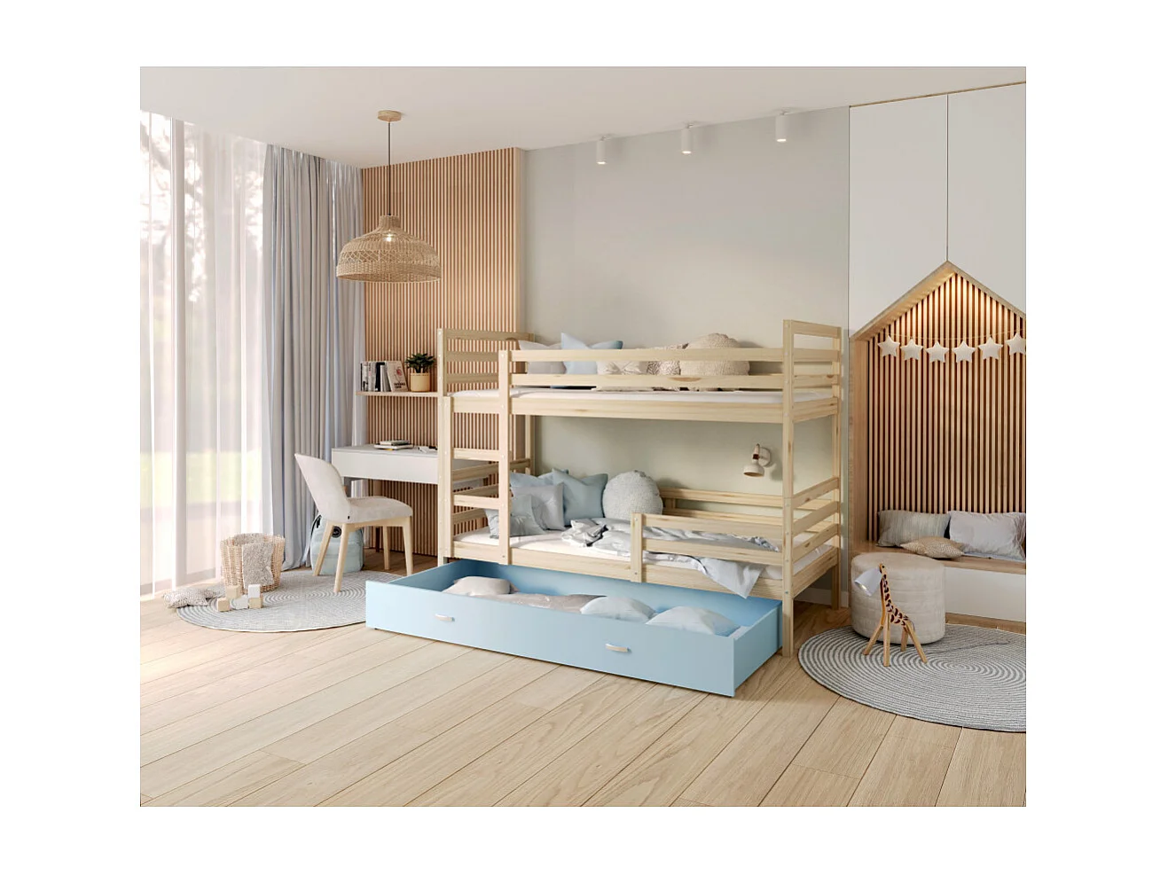 Lit Superpose Milan 80x160 tiroir Pin - bleu