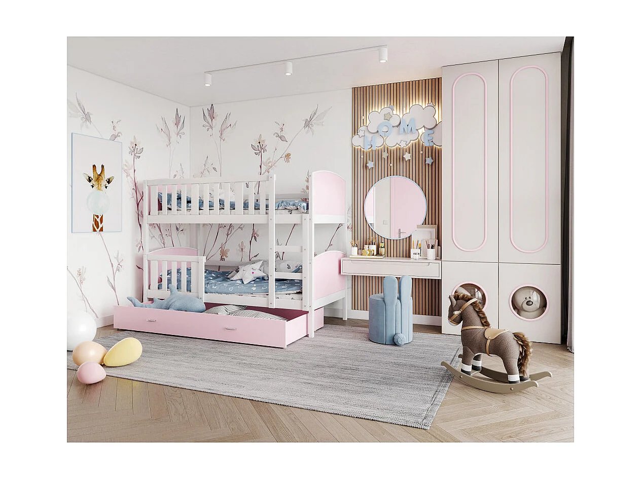 Lit Superpose TIMO 90x190 tiroir Blanc - rose