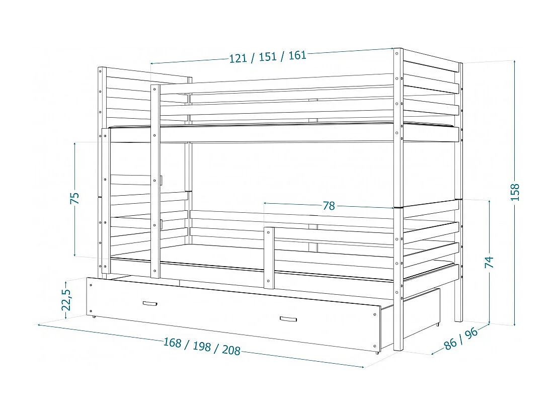 Lit Superpose Milan 80x160 tiroir Pin - blanc