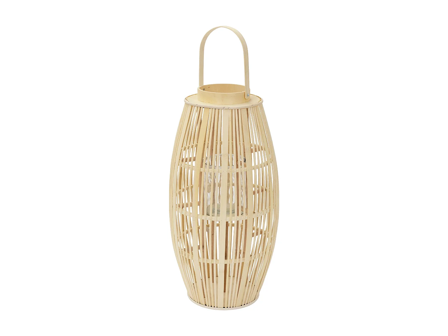 Lanterne en bambou H 75 cm naturel avec poignée et insert en verre style bohème pour jardin salon porte-bougie tressé décoratif extérieur ou intérieur