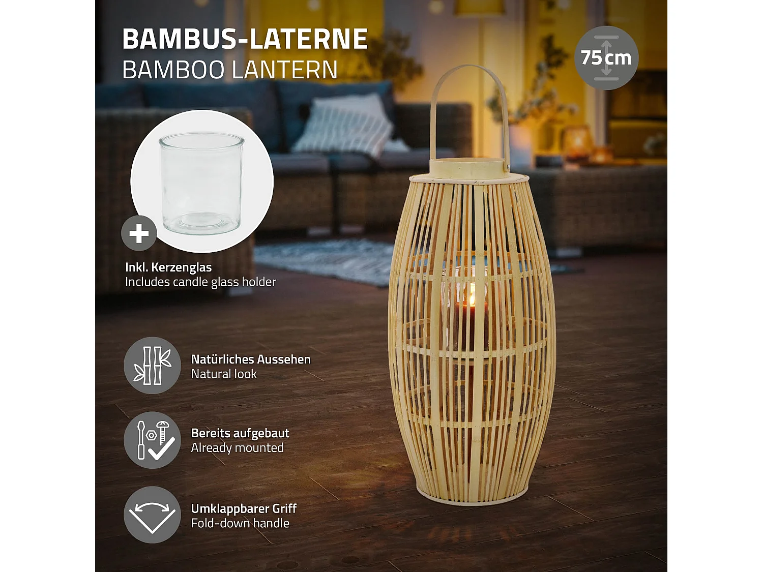 Lanterne en bambou H 75 cm naturel avec poignée et insert en verre style bohème pour jardin salon porte-bougie tressé décoratif extérieur ou intérieur