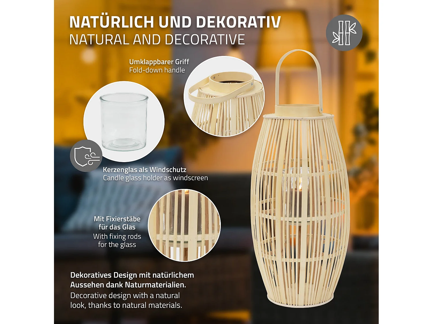 Lanterne en bambou H 75 cm naturel avec poignée et insert en verre style bohème pour jardin salon porte-bougie tressé décoratif extérieur ou intérieur