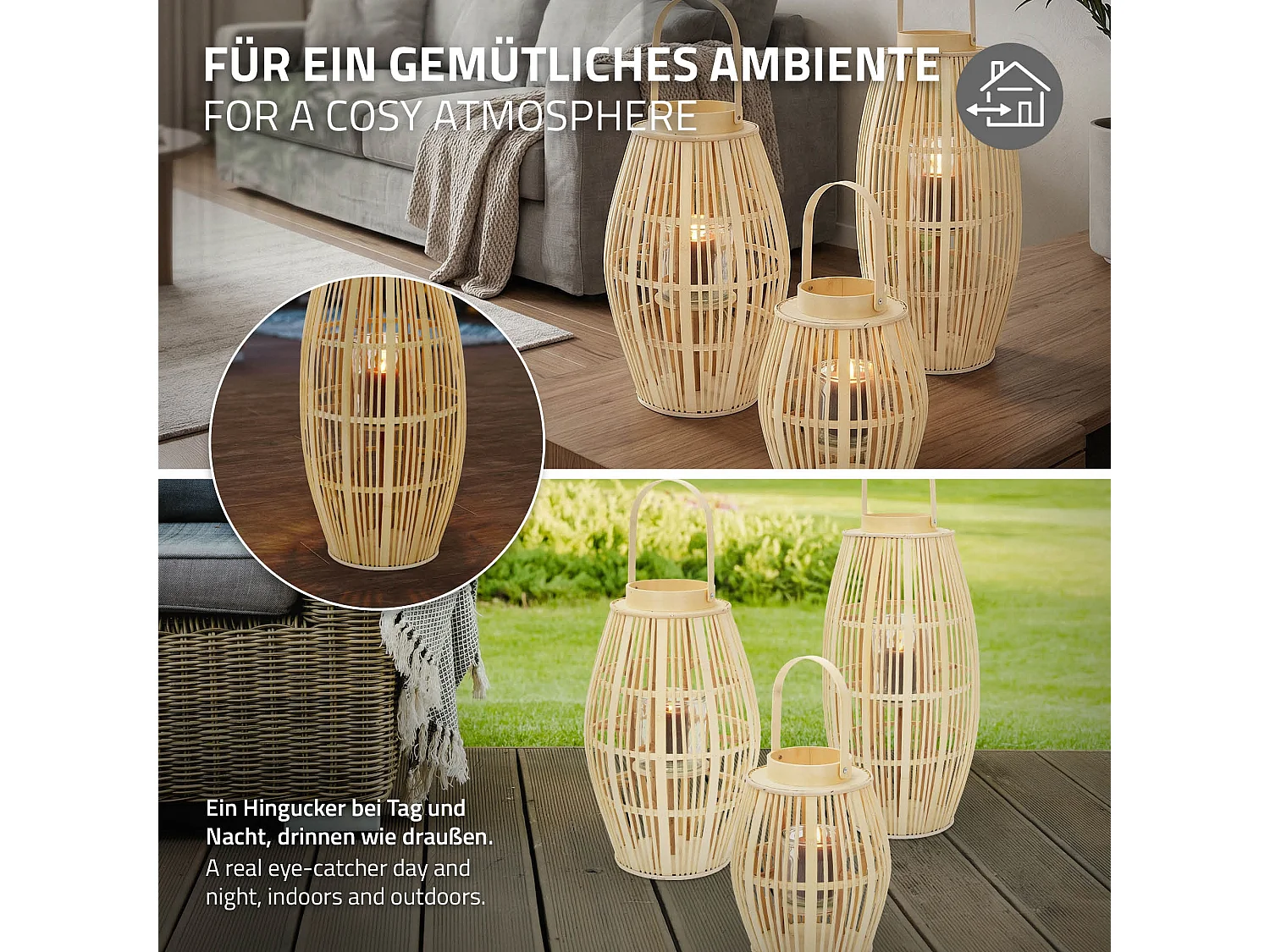 Lanterne en bambou H 75 cm naturel avec poignée et insert en verre style bohème pour jardin salon porte-bougie tressé décoratif extérieur ou intérieur