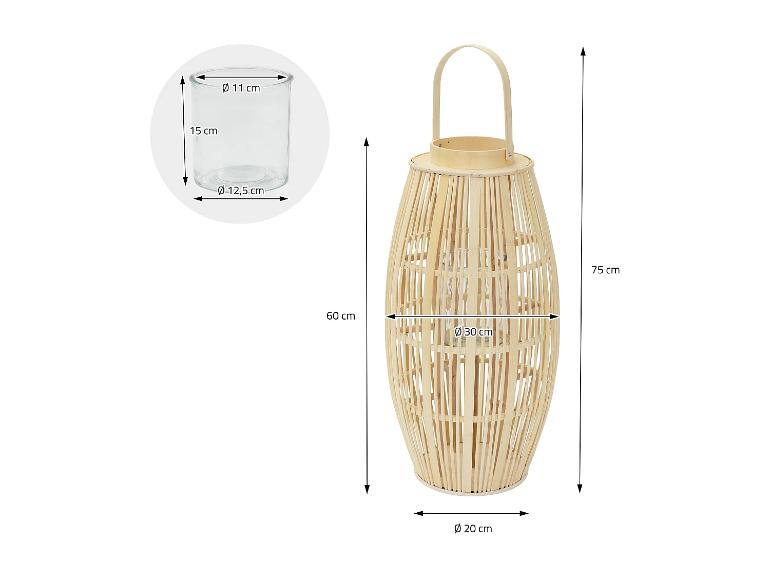 Lanterne en bambou H 75 cm naturel avec poignée et insert en verre style bohème pour jardin salon porte-bougie tressé décoratif extérieur ou intérieur