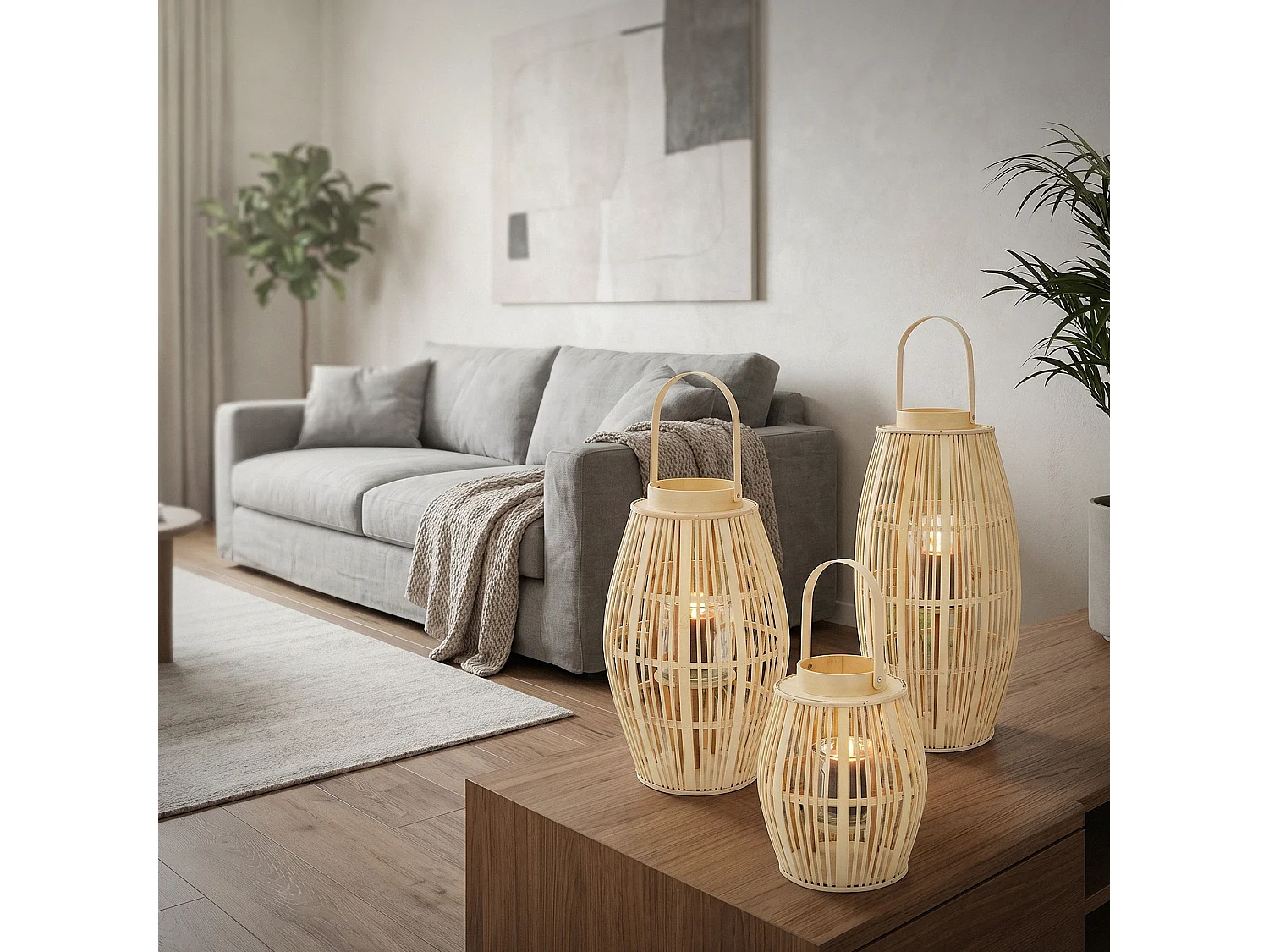 Lanterne en bambou H 75 cm naturel avec poignée et insert en verre style bohème pour jardin salon porte-bougie tressé décoratif extérieur ou intérieur