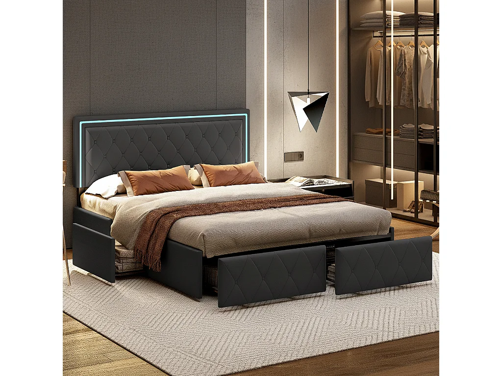 Lit double 140x200 cm avec rangement, LED intégrée, 4 tiroirs, PU, noir