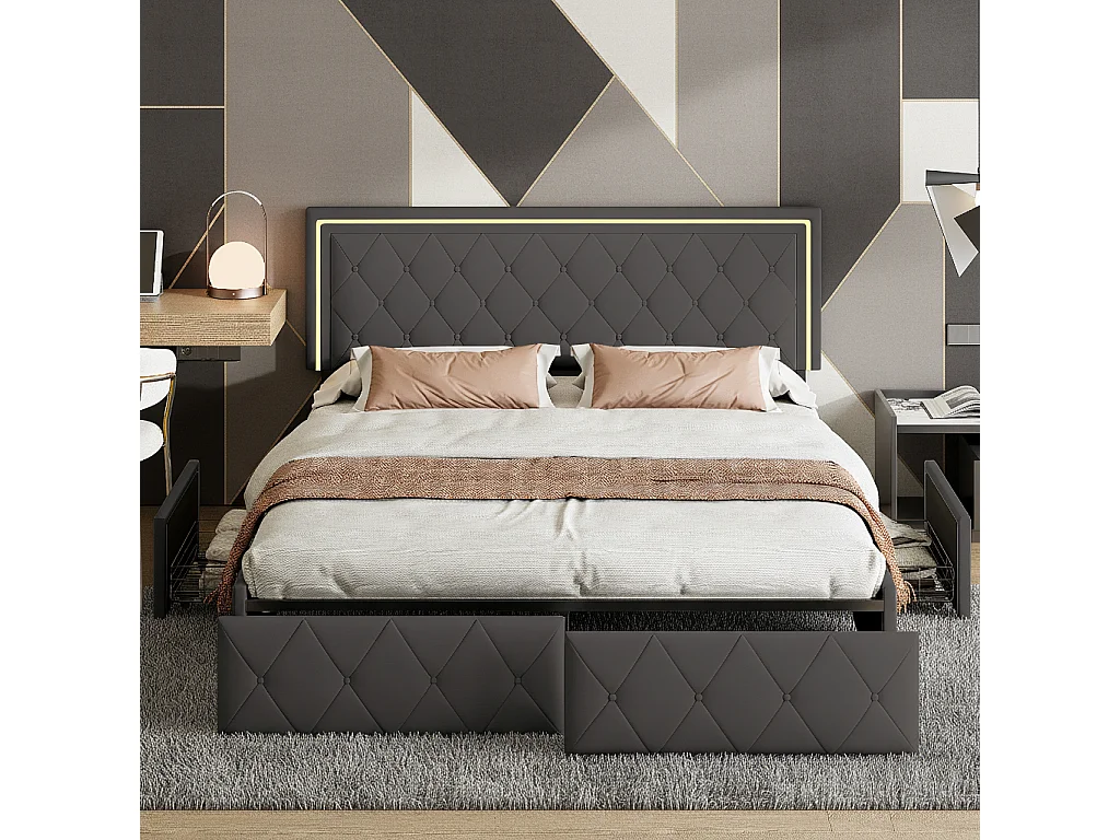 Lit double 140x200 cm avec rangement, LED intégrée, 4 tiroirs, PU, noir
