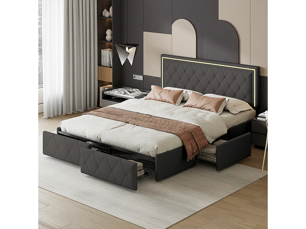 Lit double 140x200 cm avec rangement, LED intégrée, 4 tiroirs, PU, noir