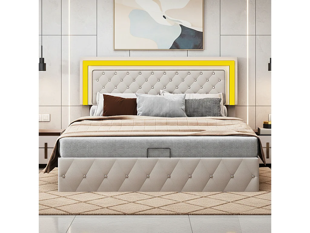 Lit coffre 140x200 cm sommier avec tête de lit réglable, pour adultes, velours, beige