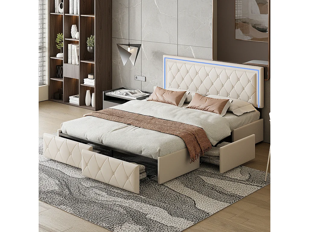 Lit double 160x200 cm avec rangement, LED intégrée, 4 tiroirs, PU, blanc