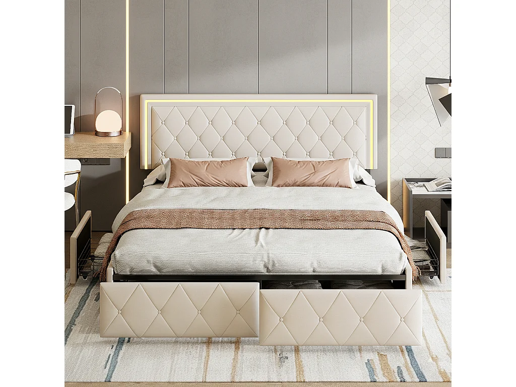 Lit double 160x200 cm avec rangement, LED intégrée, 4 tiroirs, PU, blanc