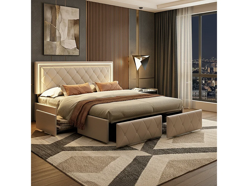 Lit double 160x200 cm avec rangement, LED intégrée, 4 tiroirs, PU, blanc
