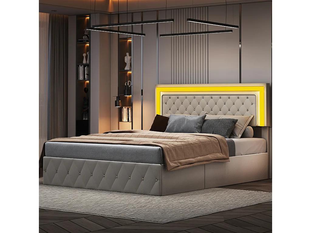 Lit coffre 160x200 cm sommier avec tête de lit réglable, pour adultes, velours, beige