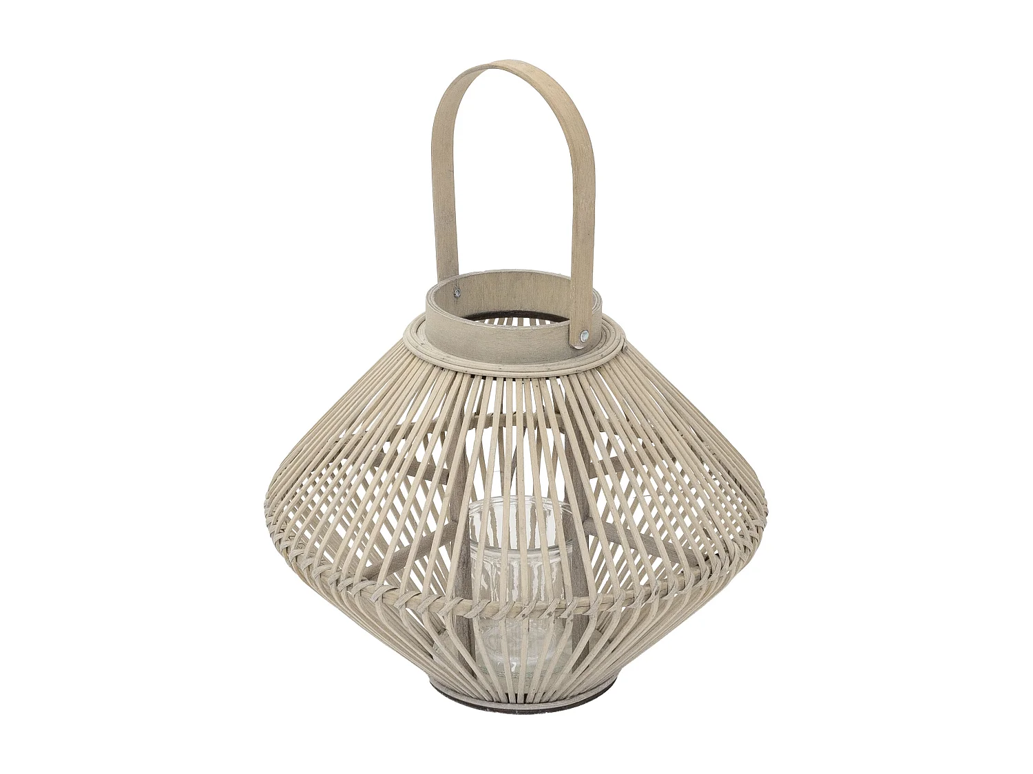 Lanterne en bambou 44 cm naturel avec poignée et insert en verre style bohème pour jardin salon porte-bougie tressé décoratif extérieur ou intérieur