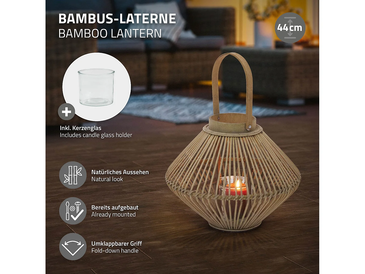 Lanterne en bambou 44 cm naturel avec poignée et insert en verre style bohème pour jardin salon porte-bougie tressé décoratif extérieur ou intérieur