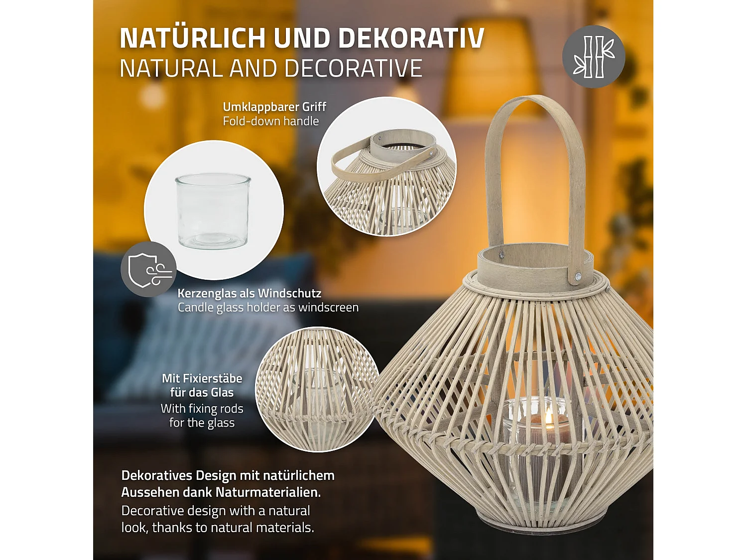 Lanterne en bambou 44 cm naturel avec poignée et insert en verre style bohème pour jardin salon porte-bougie tressé décoratif extérieur ou intérieur