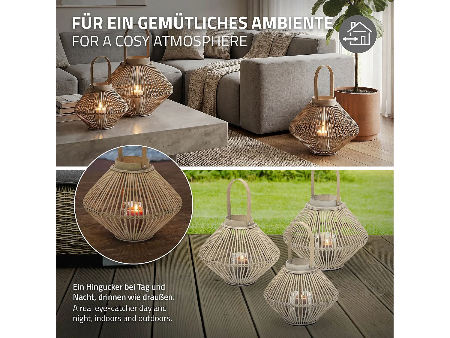 Lanterne en bambou 44 cm naturel avec poignée et insert en verre style bohème pour jardin salon porte-bougie tressé décoratif extérieur ou intérieur