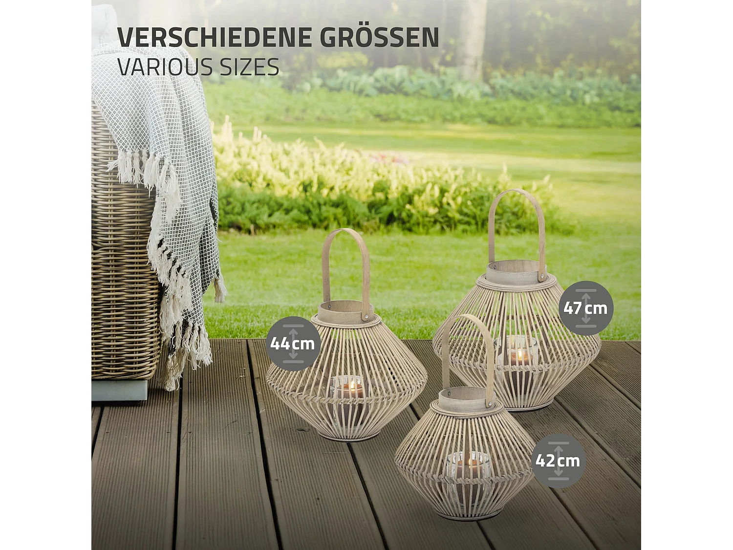 Lanterne en bambou 44 cm naturel avec poignée et insert en verre style bohème pour jardin salon porte-bougie tressé décoratif extérieur ou intérieur