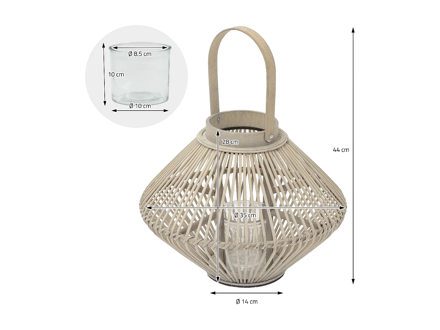 Lanterne en bambou 44 cm naturel avec poignée et insert en verre style bohème pour jardin salon porte-bougie tressé décoratif extérieur ou intérieur