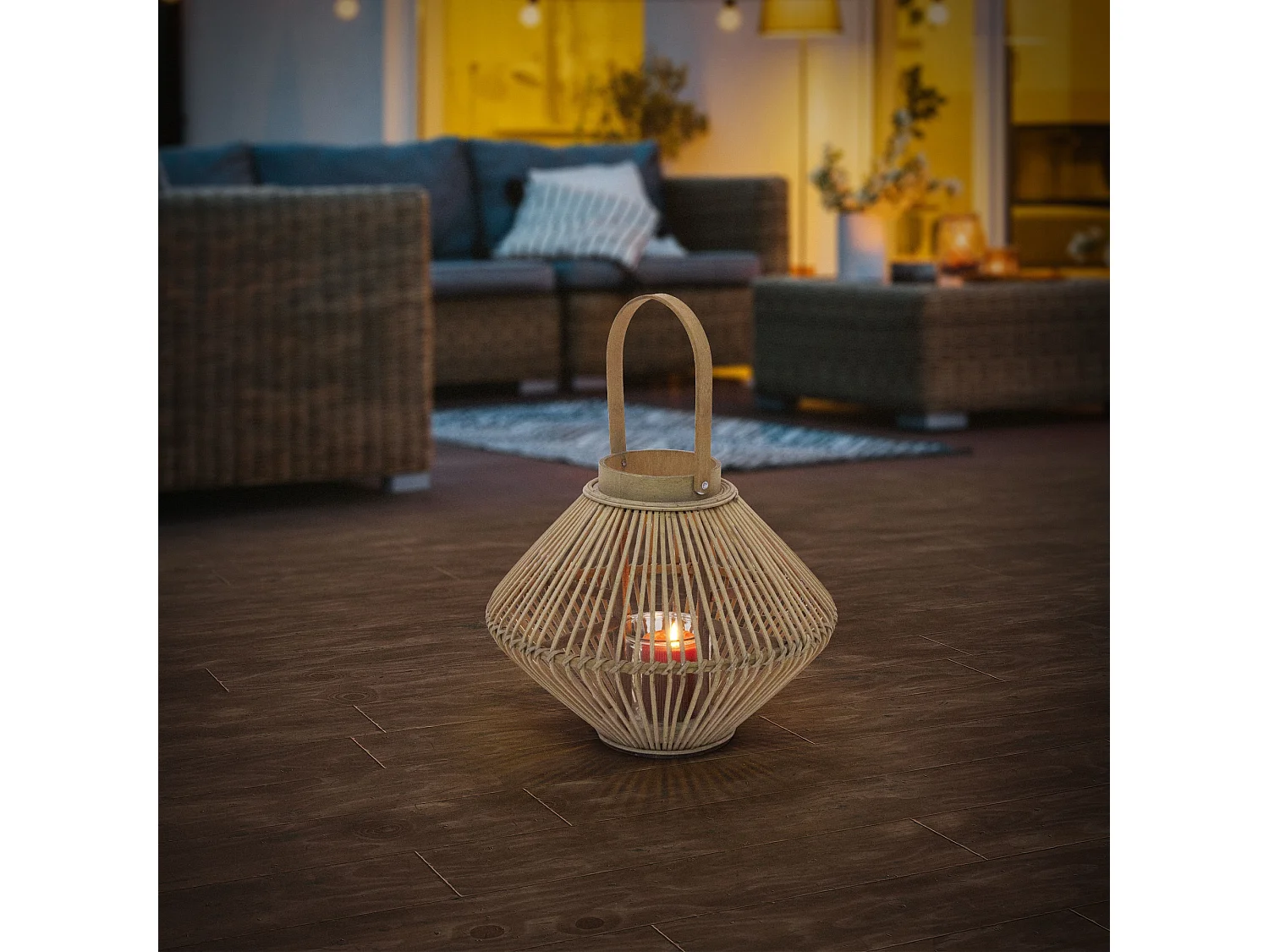 Lanterne en bambou 44 cm naturel avec poignée et insert en verre style bohème pour jardin salon porte-bougie tressé décoratif extérieur ou intérieur