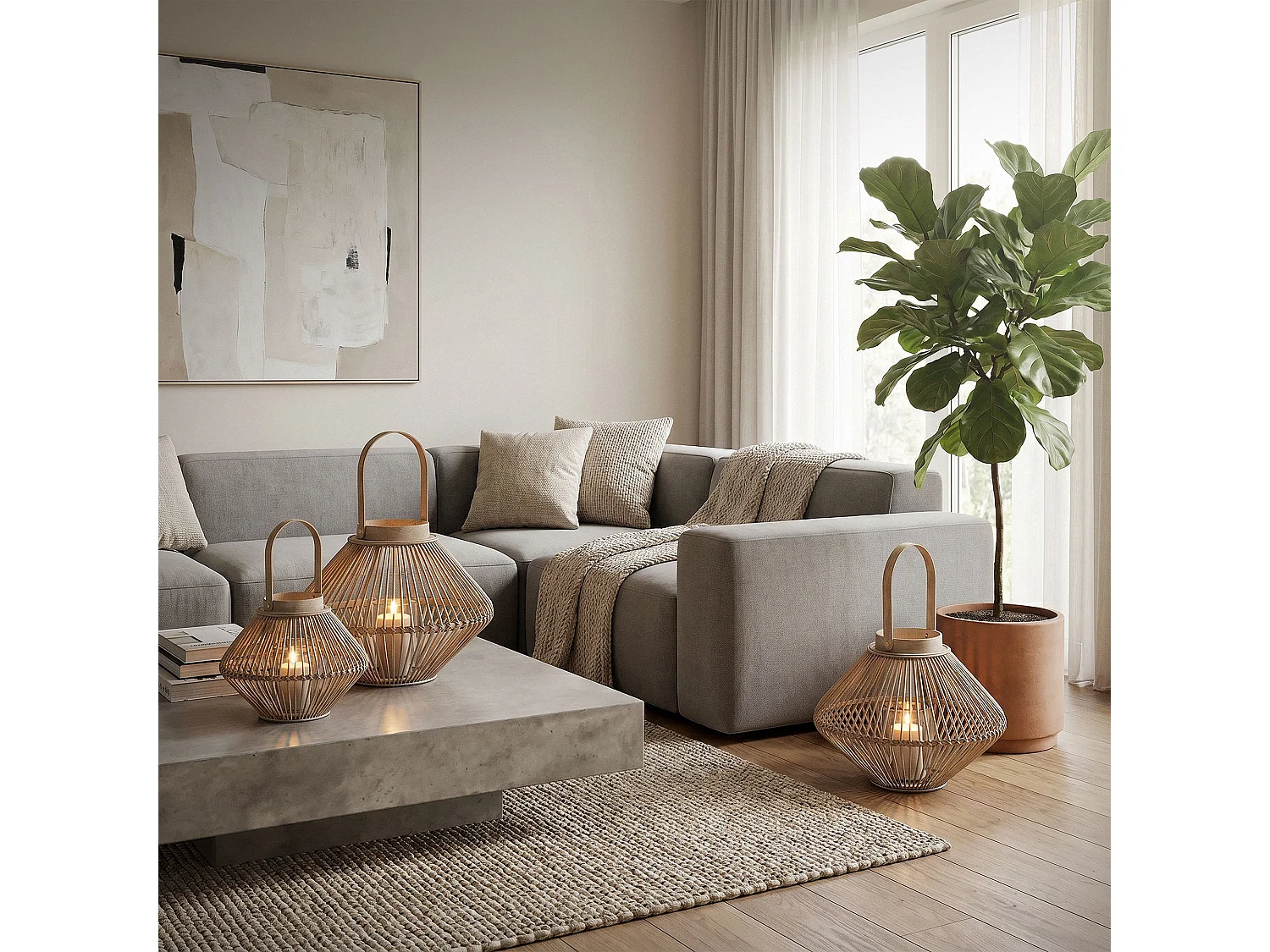 Lanterne en bambou 44 cm naturel avec poignée et insert en verre style bohème pour jardin salon porte-bougie tressé décoratif extérieur ou intérieur