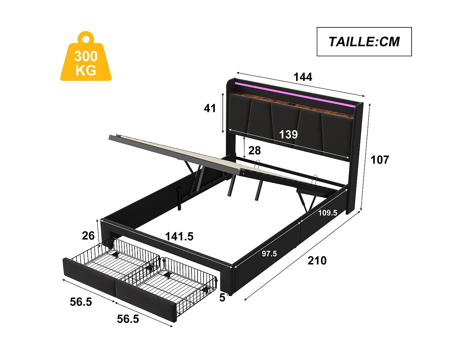Lit coffre 140x200 cm avec LED et USB, 2 tiroirs, pour adultes et adolescents, gris
