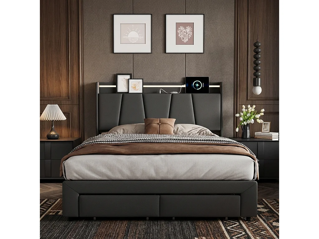 Lit coffre 140x200 cm avec LED et USB, 2 tiroirs, pour adultes et adolescents, gris
