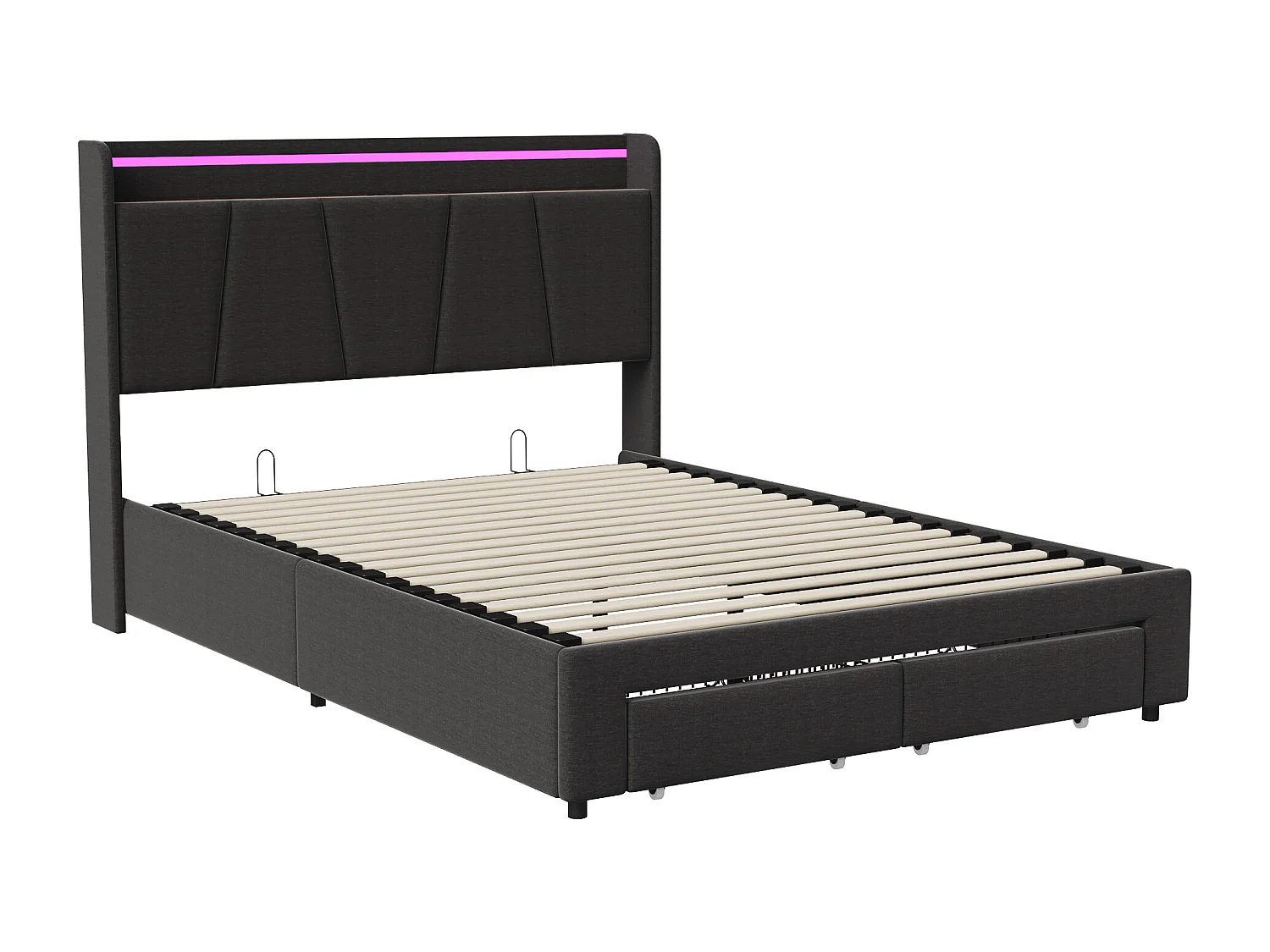 Lit coffre 140x200 cm avec LED et USB, 2 tiroirs, pour adultes et adolescents, gris