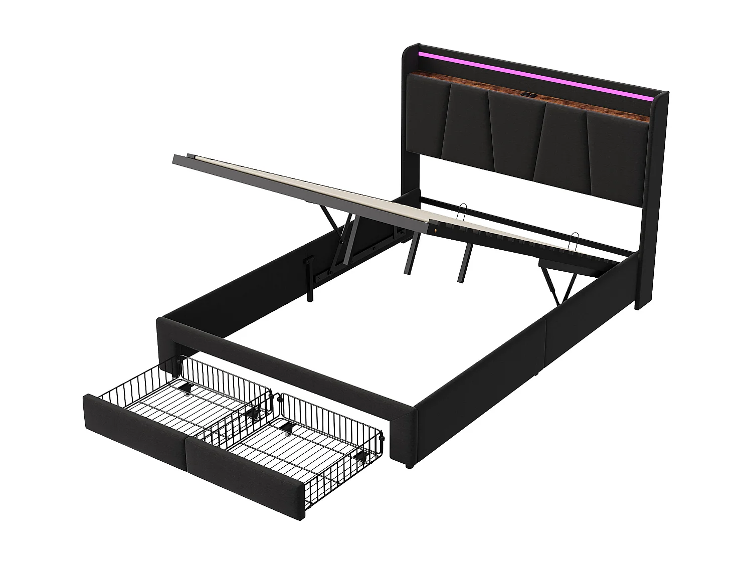 Lit coffre 140x200 cm avec LED et USB, 2 tiroirs, pour adultes et adolescents, gris