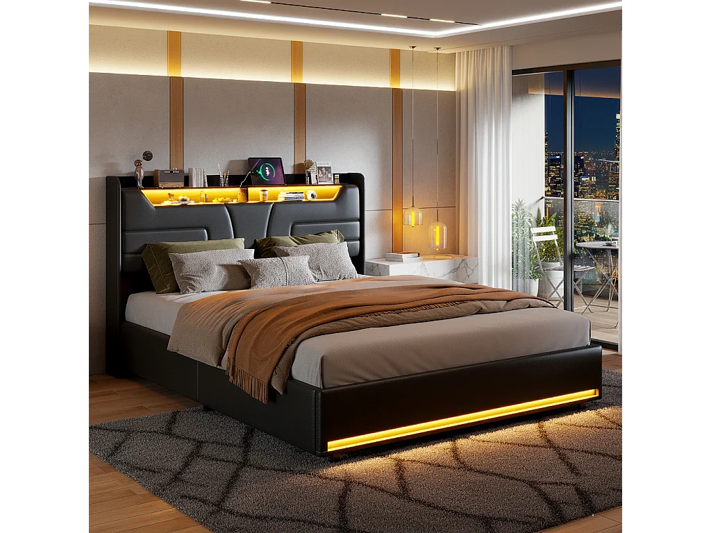 Lit coffre 140x200 cm avec éclairage LED et charge USB, rangement et tete de lit, PU, noir