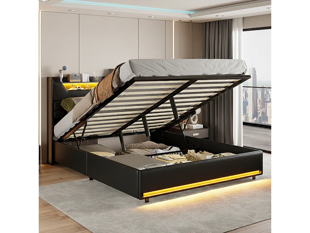 Lit coffre 140x200 cm avec éclairage LED et charge USB, rangement et tete de lit, PU, noir