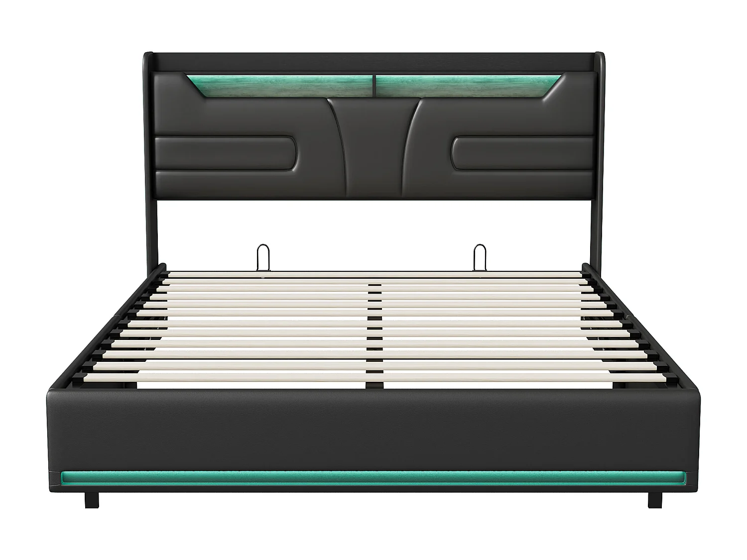 Lit coffre 140x200 cm avec éclairage LED et charge USB, rangement et tete de lit, PU, noir